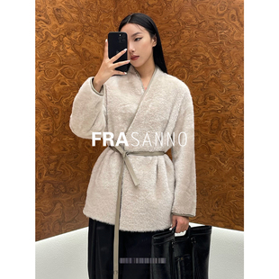 西班牙进口拉贡lagon原生态皮毛一体女外套显瘦有腰带气质V领皮草