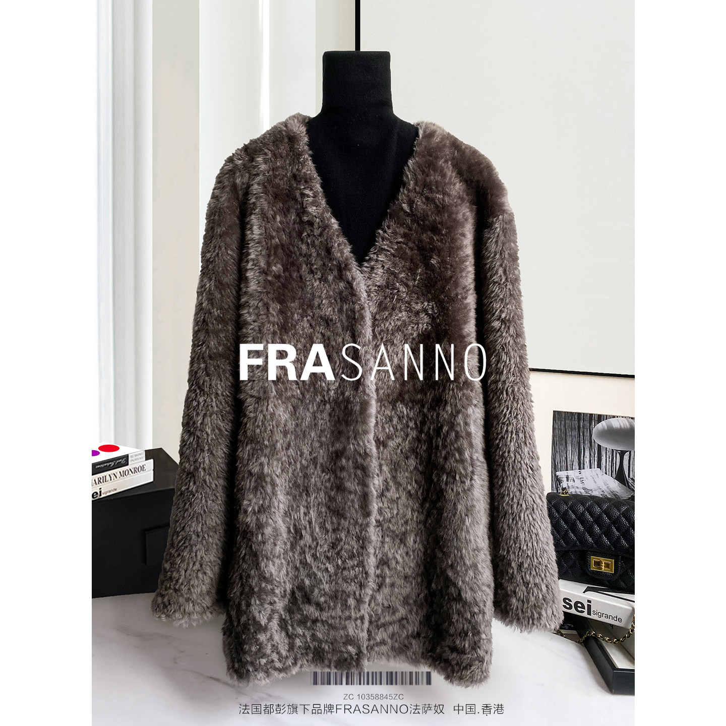 FRASANNO猫灰色法国拉贡皮毛一体女皮草外套中长款气质V领年轻款