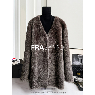 FRASANNO猫灰色法国拉贡皮毛一体女皮草外套中长款 气质V领年轻款
