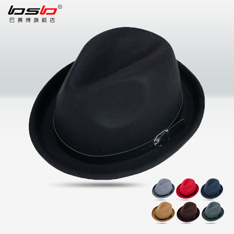 韩版潮春秋小礼帽卷边冬天黑色毛呢帽男女英伦爵士舞台绅士帽复古