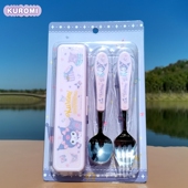 库洛米儿童勺子叉子套装 便携收纳盒餐具小学生上学三件套不锈钢