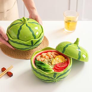 加厚款 西瓜泡面碗带盖陶瓷家用一人食汤面拉面碗高颜值螺蛳粉碗