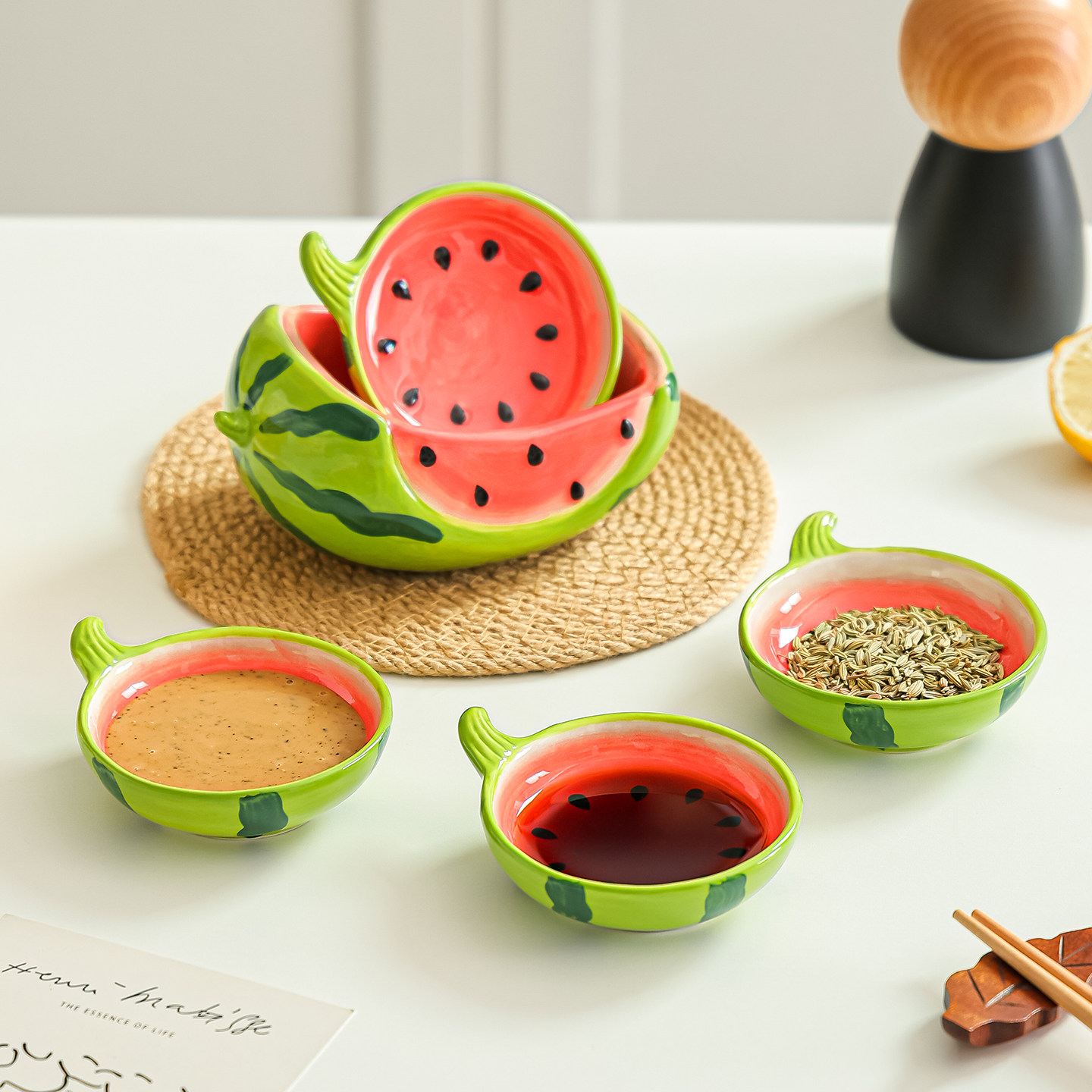 可爱西瓜蘸油碟陶瓷手柄碟创意卡通调味碟家用釉下彩调味料酱料碟,餐饮具,碟,淘宝优惠券,粉丝福利购,淘宝优惠卷