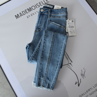 2021新款个性拼接水洗抓痕女式毛边修身低腰小脚九分牛仔裤铅笔裤