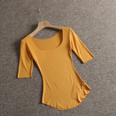 漫画身材 随心裁 美式辣妹收腰修身性感方领中袖薄款T恤女打底衫