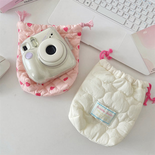 ins风纯色绗缝收纳袋相机ccd拍立得夹棉收纳包束口袋口红化妆包女