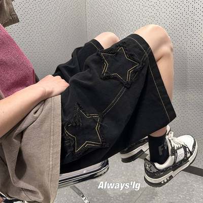 Star Patchwork Shorts Men Vintage Denim Summer Basic Simple