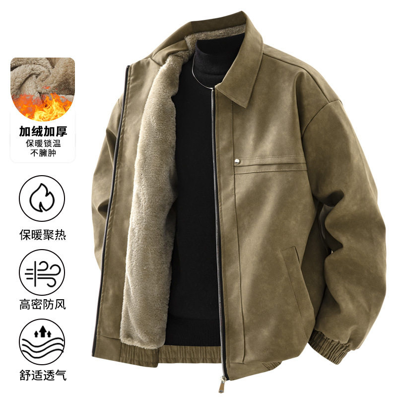 冬季加绒美式复古翻领皮衣外套男痞帅春秋夹克加绒加厚jacket men图片
