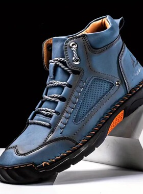 欧美大码男士PU皮靴 男士时尚手工缝线平底系带休闲鞋men's shoes