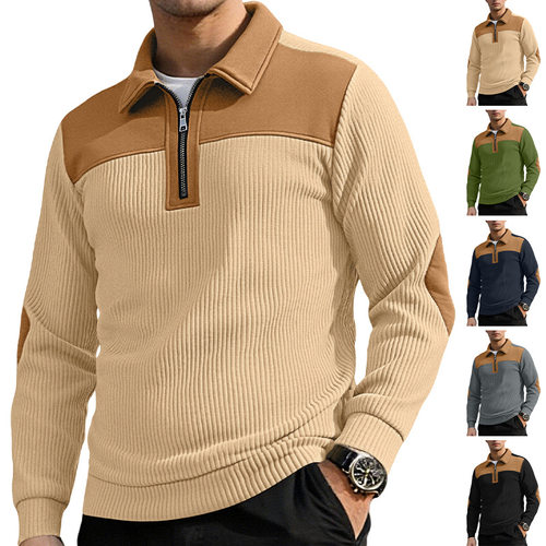 欧美新款针织衫翻领拼接休闲通勤运动秋冬拉链卫衣sweatshirt men