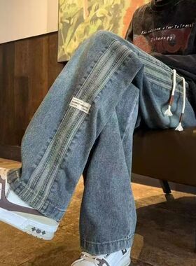 牛仔裤男宽松直筒高街美式长裤Men's Trendy Elastic Waist Jeans