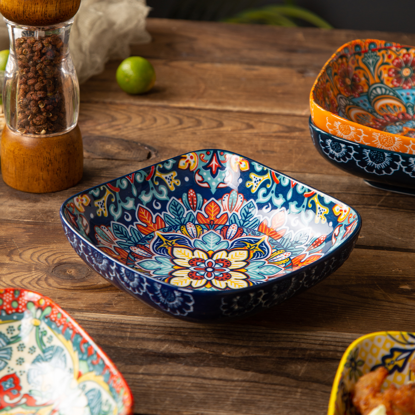 复古陶瓷6英寸四方深盘菜盘新款