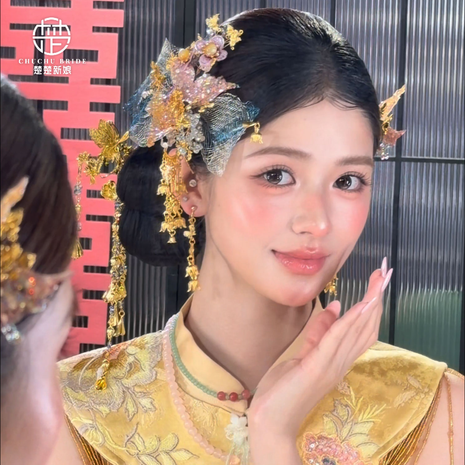 楚楚新娘中式金粉蝴蝶结发簪
