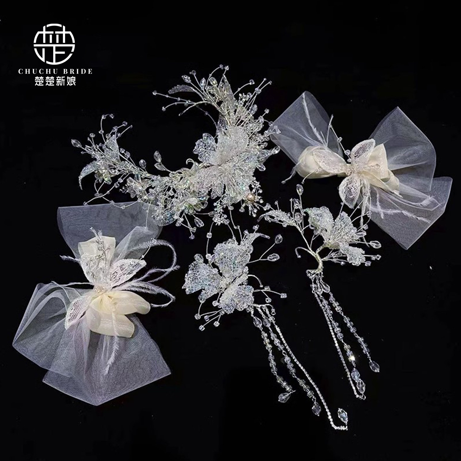 2025新款婚纱头纱手工水晶皇冠耳挂主纱头饰精致蝴蝶结发饰礼服配