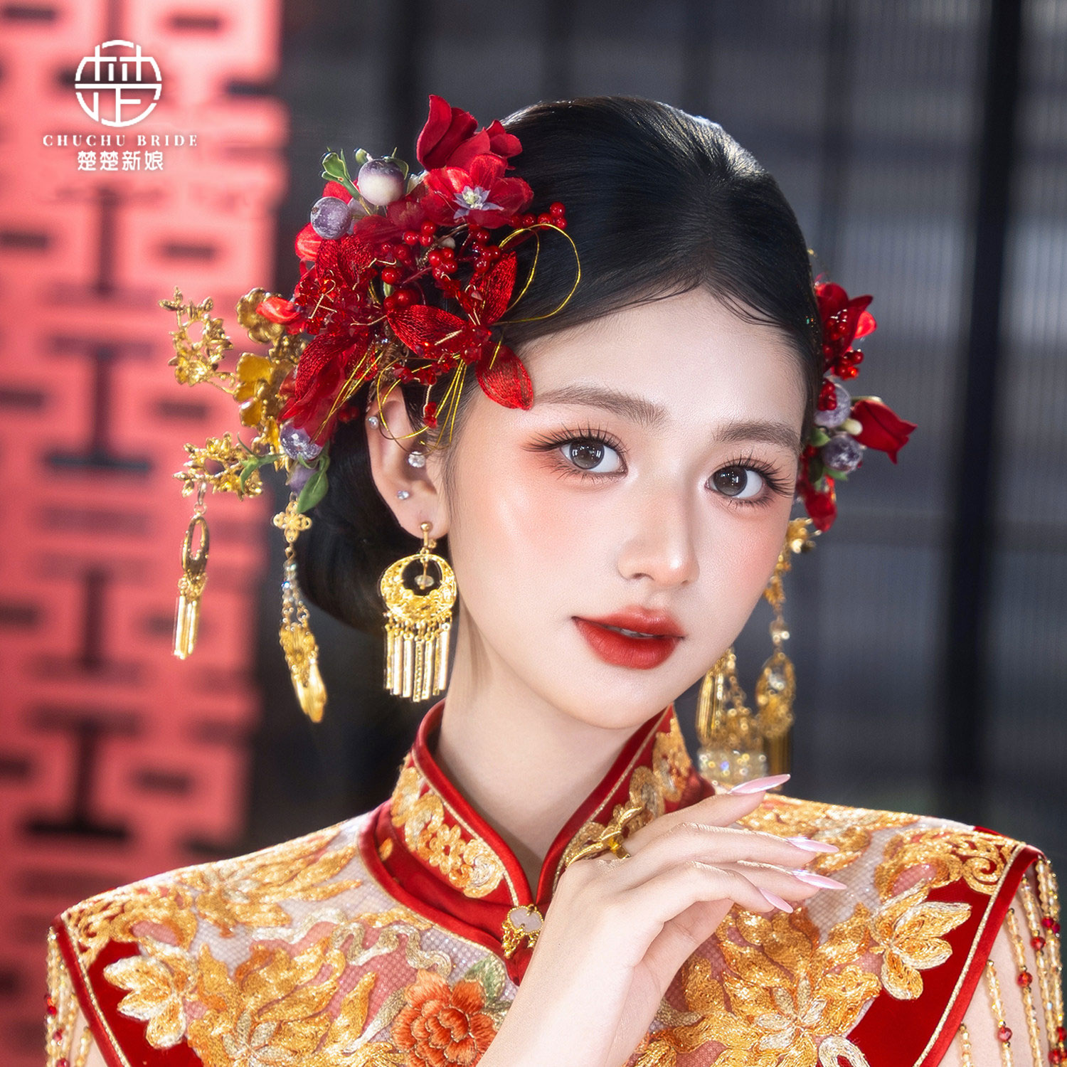 新中式金红花掐丝新娘头饰