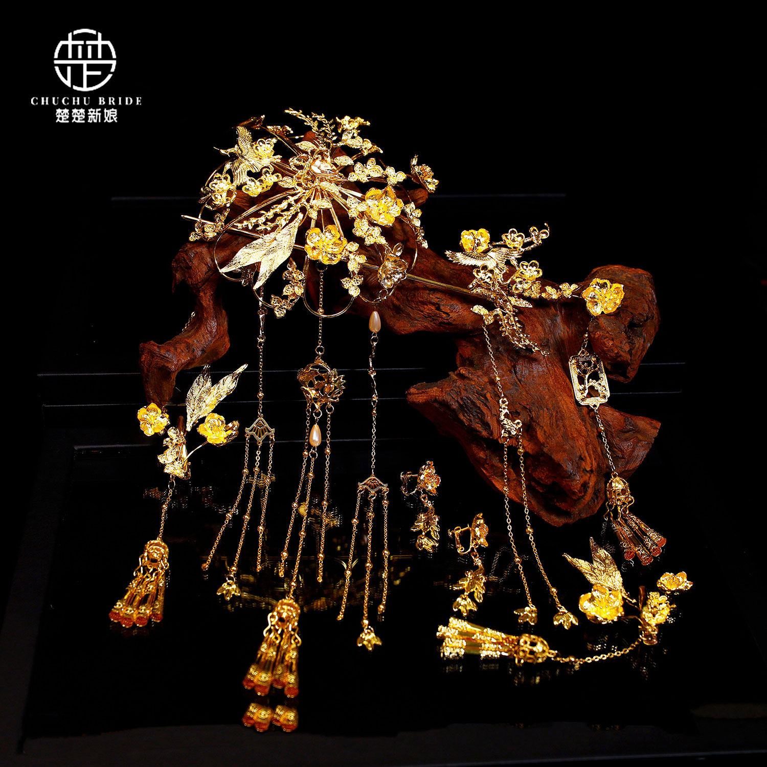 新中式金色花朵流苏发簪