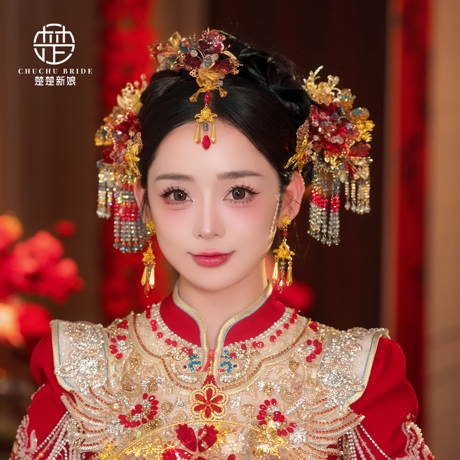 红金色秀禾头饰新中式古装眉心坠后区流苏发饰高级饰品龙凤褂配饰