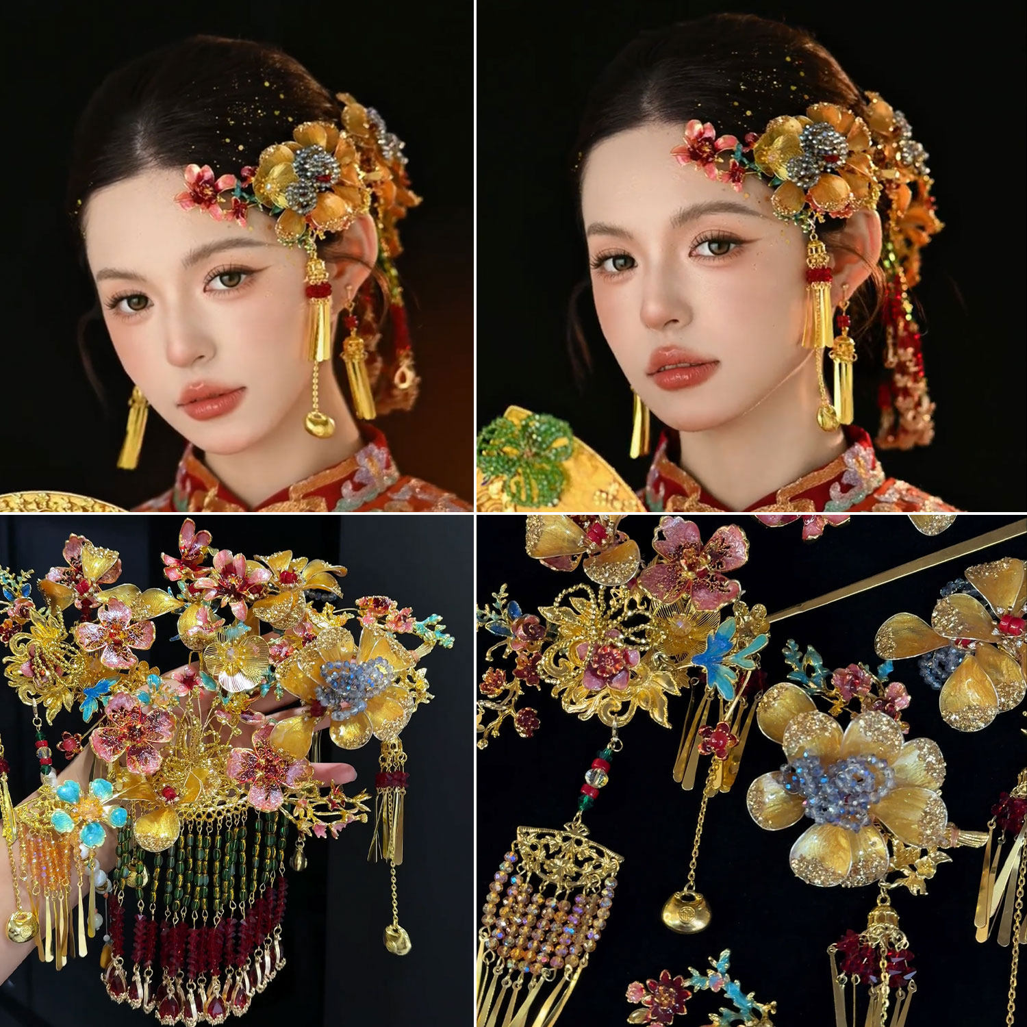 新娘头饰新中式侧边金色花朵龙凤褂头饰复古新娘婚礼发饰减龄百搭