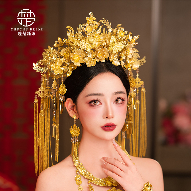 金色大凤冠花朵喜字流苏龙凤褂后头冠秀禾服中式新娘结婚头饰品