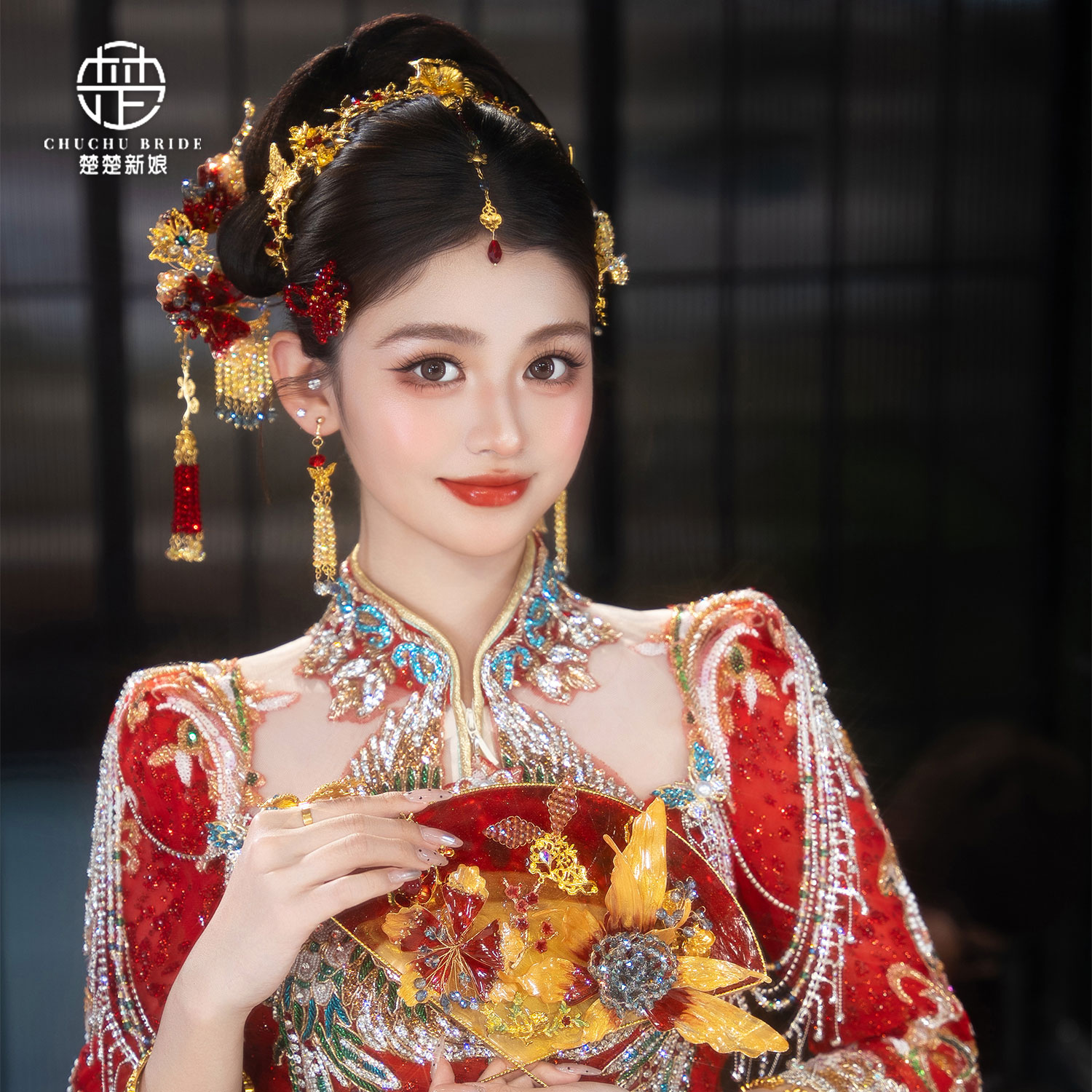 楚楚新娘秀禾红金色凝胶花头饰