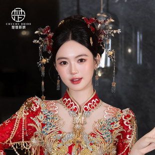 金红色秀禾头饰精致手工滴胶花朵步摇发簪高质感红蓝撞色结婚饰品