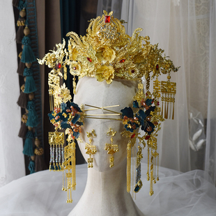 金色凤冠头饰奢华大气汉服婚礼龙凤褂配饰金蓝撞色后区流苏发冠配
