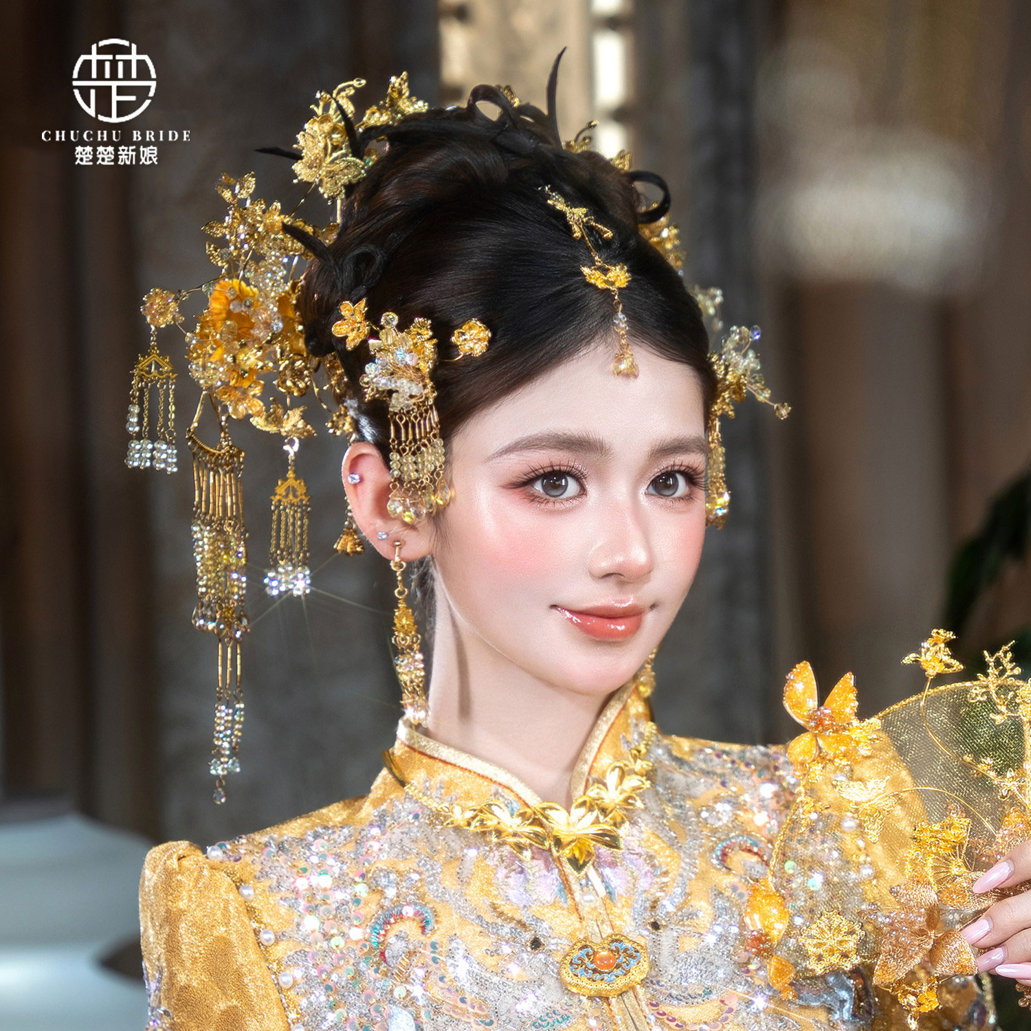 新娘头饰全金色流苏发簪端庄大气龙凤褂饰品中式婚礼红金色秀禾服图片