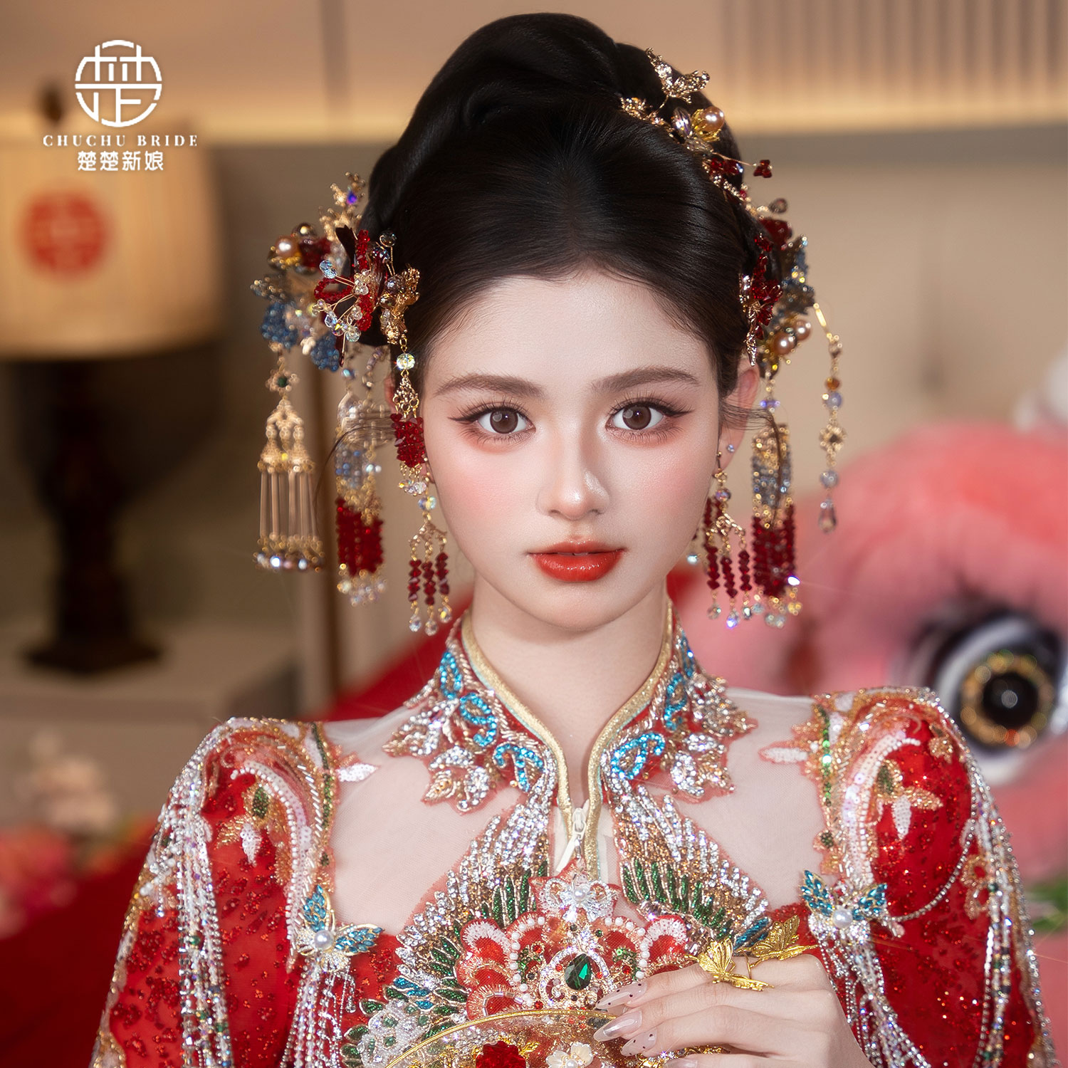 楚楚新娘中式婚礼金红发饰套装