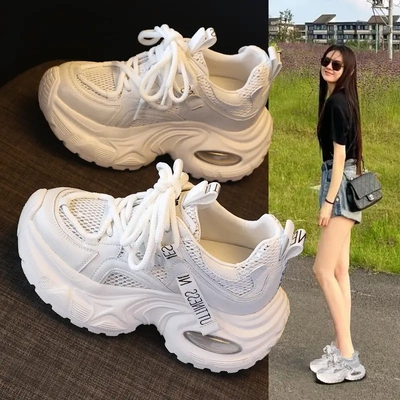 小个子厚底内增高软底百搭时尚网面透气老爹鞋女2025夏季松糕运动