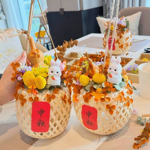 中秋节女节创意竹编植物花艺手提灯笼diy材料包企业手工干花沙龙