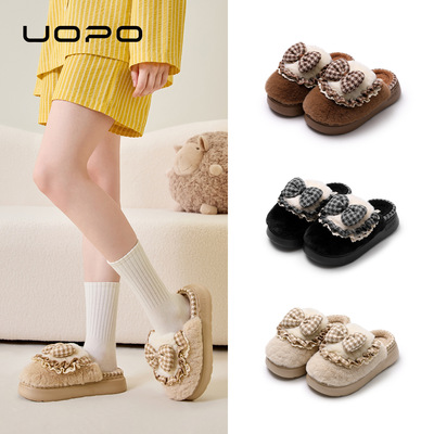 蝴蝶结毛毛拖鞋女秋冬季新款高级感室内家居防滑加绒加厚棉拖鞋