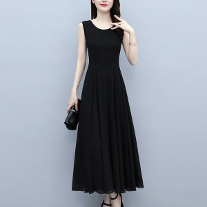 2026夏季新款雪纺连衣裙女气质收腰显瘦遮肚大码吊带黑色背心长裙