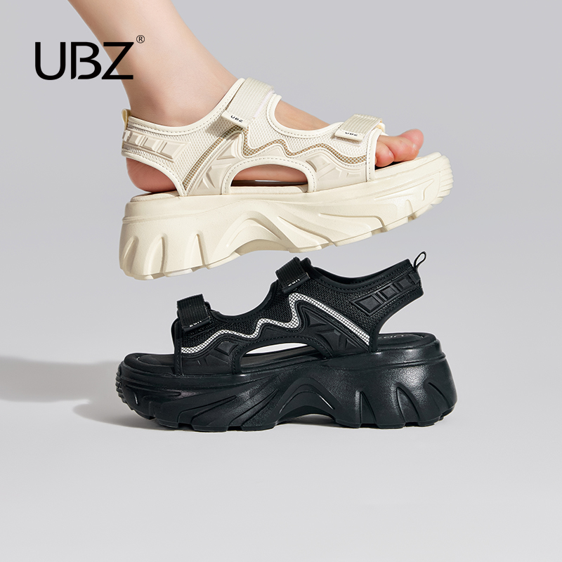 UBZ 厚底运动凉鞋女鞋沙滩鞋白色2025年夏季百搭魔术贴休闲户外鞋