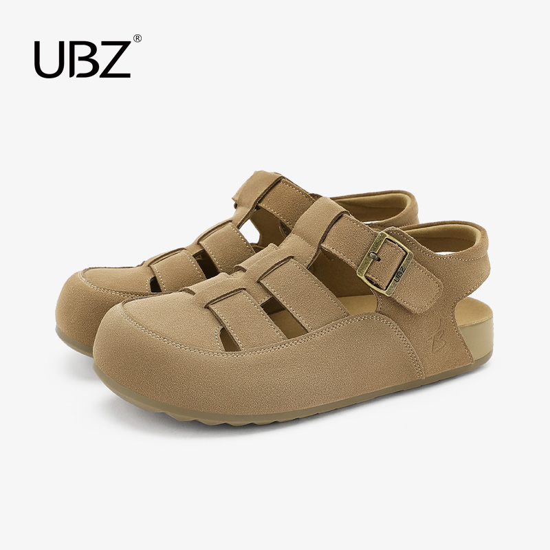 UBZ 包头罗马勃肯凉鞋女2025年新款夏季外穿厚底真皮魔术贴女单鞋