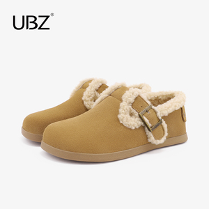 UBZ 防水加绒勃肯鞋女2023新款冬真皮全包一脚蹬懒人羊羔毛毛棉鞋