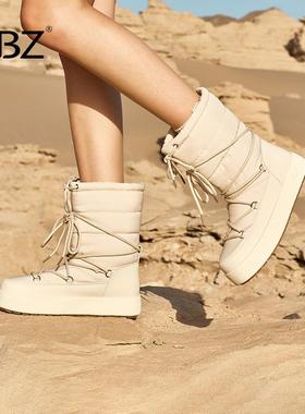 UBZ 防水户外雪地靴女2026年冬新款加绒东北防寒防滑白色面包棉鞋