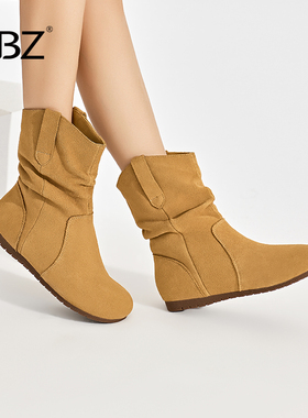 UBZ 防水骑士靴子女春西部牛仔长筒靴复古牛皮短筒靴美拉德堆堆靴