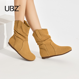 UBZ 防水骑士靴子女秋西部牛仔长筒靴复古牛皮短筒靴美拉德堆堆靴
