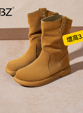 UBZ 防水厚底堆堆靴女2026冬季新款真皮平底西部短靴马丁靴时装靴