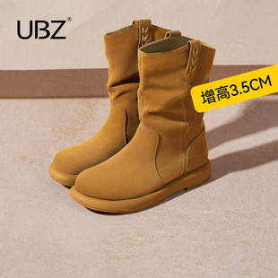 靴 真皮平底西部短靴马丁靴时装 UBZ 防水厚底堆堆靴女2025秋冬新款