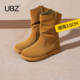 UBZ 靴 真皮平底西部短靴马丁靴时装 防水厚底堆堆靴女2026冬季 新款