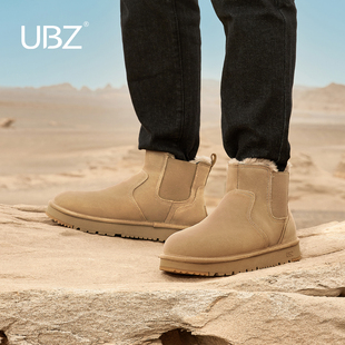 真皮加绒保暖雪地靴男鞋 UBZ 英伦风高帮短靴 冬季 防水切尔西靴男