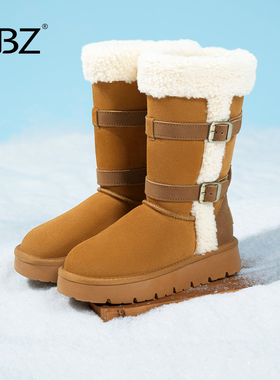 UBZ 防水加绒高筒雪地靴女2026年冬新款皮带扣长筒棉靴东北毛毛鞋