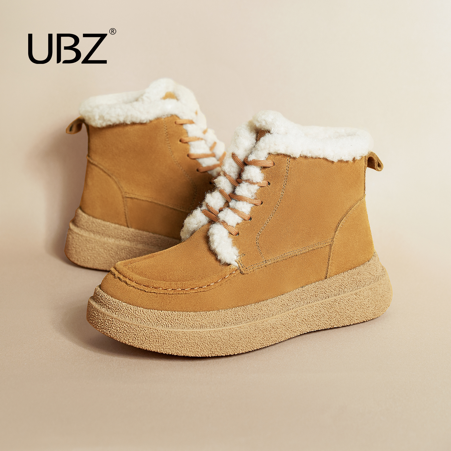 UBZ 防水厚底加绒雪地靴女2025冬新款保暖休闲复古棉鞋短靴马丁靴