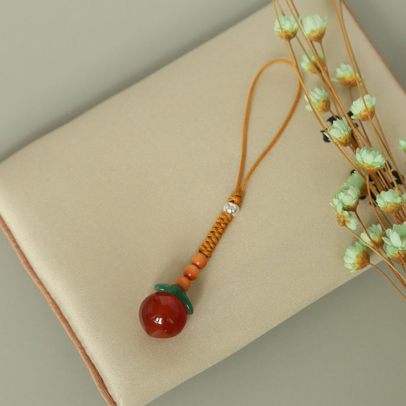 素菊原创天然玉石桃子红玛瑙手机挂坠手机链包挂中国风饰品钥匙扣