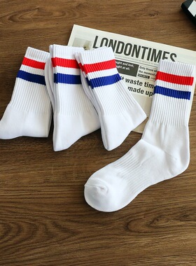 冬季毛巾底加厚女袜红蓝杠运动袜子2杠条纹筒篮球袜跑步袜毛圈