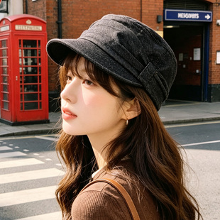 韩国代购牛仔褶皱蝴蝶帽女复古平顶显脸小百搭报童贝雷帽秋冬时尚