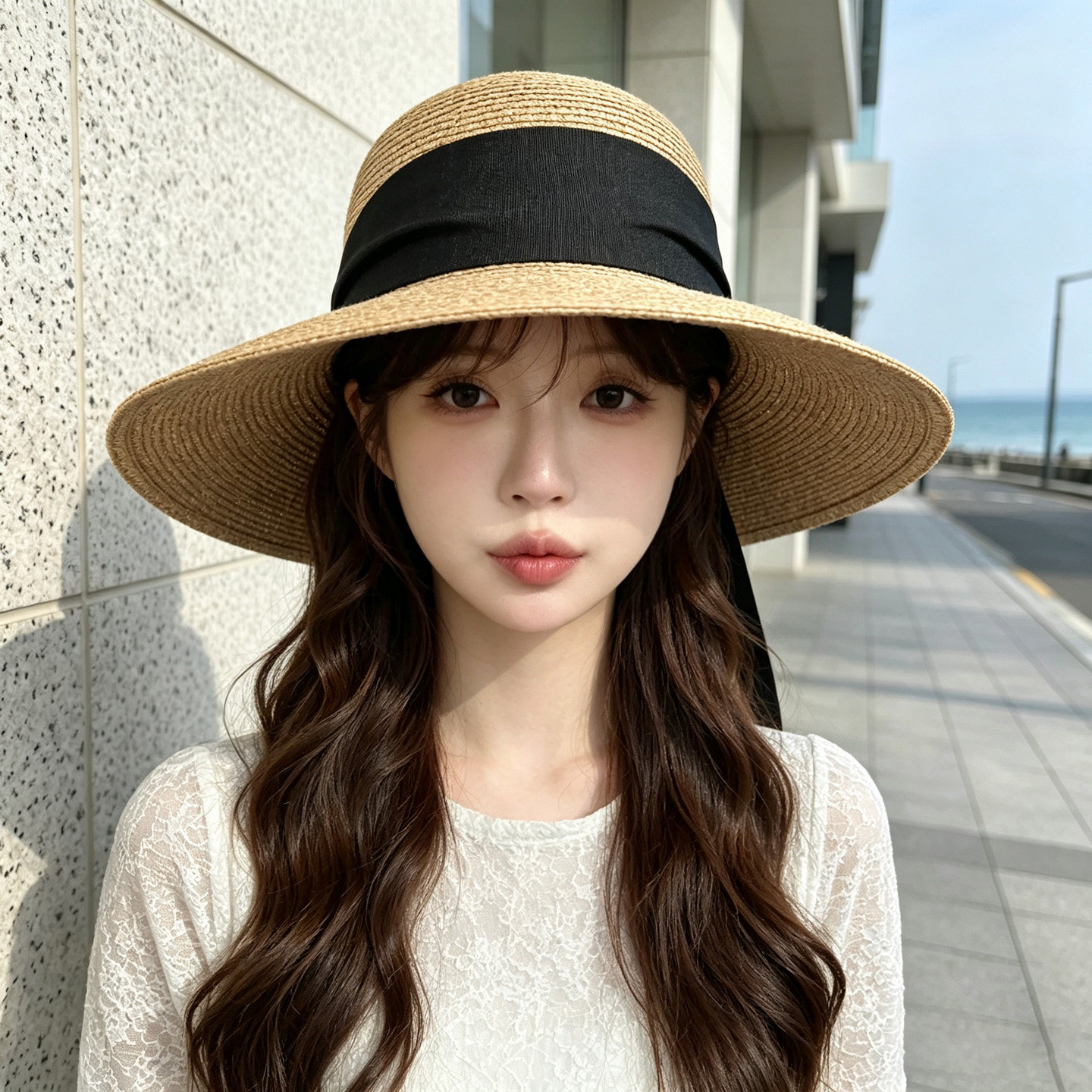 韩国代购蝴蝶结大檐草帽显脸小