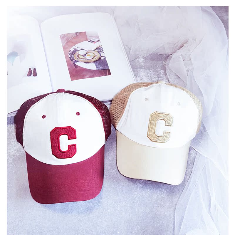 韩国棒球帽子男女网帽刺绣字母大C遮阳潮宽沿显脸小百搭夏秋新款