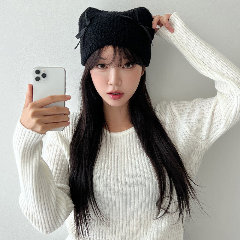 韩国代购冬季针织帽女猫耳羊毛